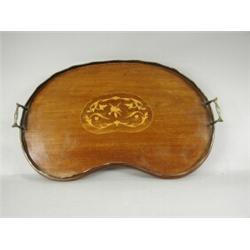 An Edwardian inlaid mahogany tray of kidney shape, 60cm long Est. 100/150...