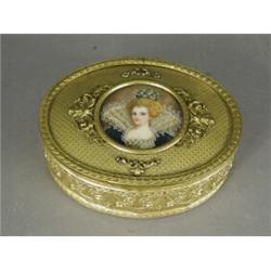 A late 19th century ormolu oval box, the hinged cover with a painted portrait miniature reputed t...
