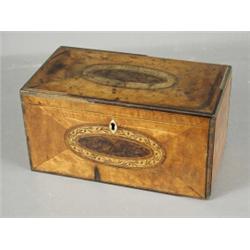A George III satinwood and yewwood inlaid tea caddy, the interior lid with an ovl inlaid initial...