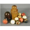 Image 1 : Six ivory snooker balls, three others, a treen 'Beehive' string container, a treen bottle contain...