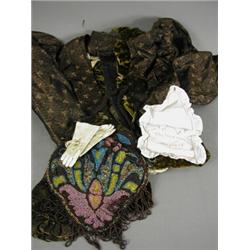 A Victorian bead work purse, a Victorian bodice, a pair of childs calfskin gloves, and a miniatur...