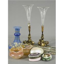 Three throw away scent bottles, an oval porcelain and gilt mounted scent bottle, two opaque glass...