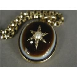 A Victorian banded agate locket set with a half pearl and rose cut diamonds, in gold, 3cm long, o...