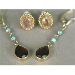 Two pairs of earrings: 9ct gold pink tormaline studs and 14ct garnet and turquoise drops Est. 75/...