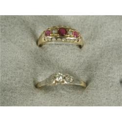 Two rings: a five stone ruby and diamond half hoop, and a diamond solitaire, sizes I 1/2 and P Es...
