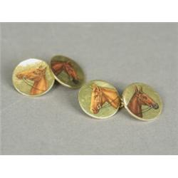 A pair of 18ct gold cufflinks, with enamel painted horse heads, 1.5cm diameter Est. 60/100...