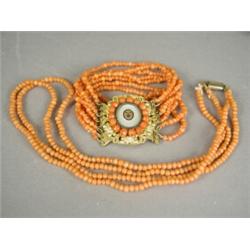 A coral eight strand beaded bracelet with a pinchback and mother of pearl clasp and a two strand...