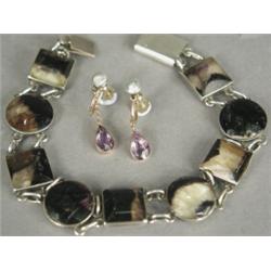 A Blue John bracelet, 17cm long (with two extra links), and a pair of amethyst screw earrings Est...