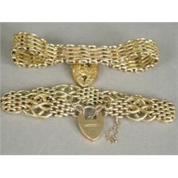 Two 9ct gold gatelink bracelets, one engraved, both with heart lockets Est. 100/150...