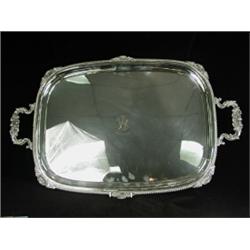 A large electroplated tray with a cast gadrooned and shell border, the centre engraved with an A....