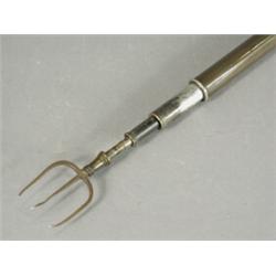 A George III Sheffield plate telescopic toasting fork with silver tines, indistinctly marked Est....