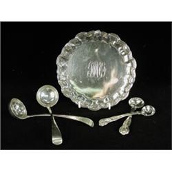 A small silver salver, Mappin & Webb 1905, a pair of Georgian Scottish Old English pattern silver...
