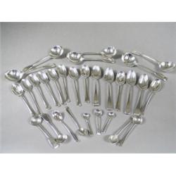 Fourteen silver teaspoons, nine assorted mustard spoons and a set of six silver soup soons, vario...