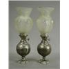 Image 1 : A pair of Victorian silver plated oil lamps, with planished globe bodies with moulded shades, all...