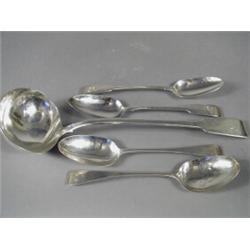 An early Victorian silver ladle, London 1839, maker 'J.B.', 34cm long, two George III silver serv...