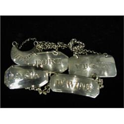 Five various silver decanter labels, various dates Est. 100/150...