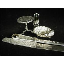 Two modern silver letter openers, a miniature table and chair, and shell salt and spoon Est. 100/...