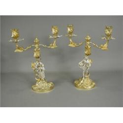A pair of modern silver and silver gilt two branch candelabrum; each with repousse decoration and...