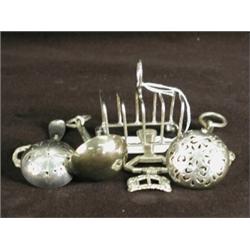 Eight silver items: A pair of Art Nouveau buckles, 1905 A small single buckle, 1902 A bottle open...