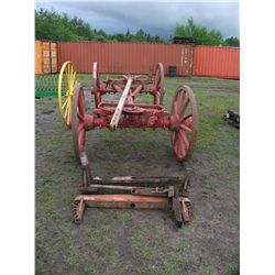 RED HIGH WHEELED WOOD WAGON WITH PULL HITCH AND BUNKS