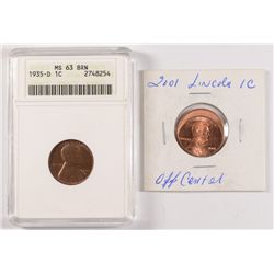 1935-D WHEAT CENT ANACS MS63 BRN & 2001 OFF-CENTERED LINCOLN CENT UNC