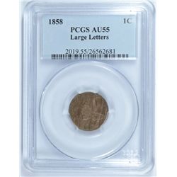 1858 FLYING EAGLE CENT, LARGE LETTERS, PCGS AU-55, LOOKS BETTER!!