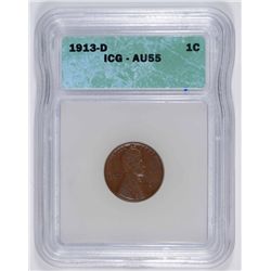 1913-D LINCOLN CENT, ICG AU-55 NICE!