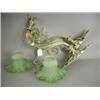 Image 1 : A pair of bronze wall lights with green glass shades, 38cm long Est. 100/200...