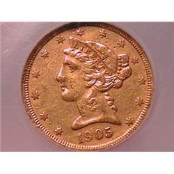 1905-S $5 Gold Liberty VF20 Clnd NCS