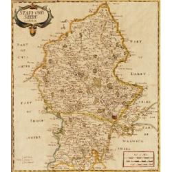 Map. An early 18th Century map of Staffordshire by Robert Morden, hand tinted, 43cm x 37cm, 17 in