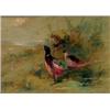 Image 1 : James Stinton. A cock pheasant and hen pheasant amongst foliage, signed lower right, 18cm x 11cm,
