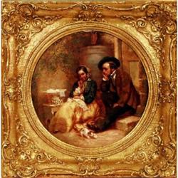Robinson. "Will you have me"? courting couple with kitten, on panel, bears exhibition label verso