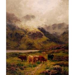 W.A. Ellaby. Highland cattle in a misty landscape, oil on board, signed lower left, 29cm x 24cm,
