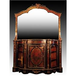 A Victorian boulle and ebonised ormolu mounted credenza with mirror back, circa 1870, the scrolle