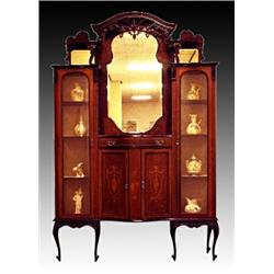 A large Edwardian mahogany and marquetry inlaid display cabinet, the shaped pierced pediment abov