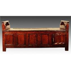 An 18th Century stained oak and elm church wardens seat, the planked hinged rectangular top betwe