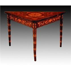 A late 18th Century mahogany and satinwood inlaid "Masonic" card table, of triangular form, the p
