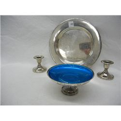 Westminster Press Silver Plate, Oneida Silver Smiths Stemmed Dish, and 2 Silver Candle Sticks