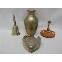 Silver Heart Shaped Box, Bell, Vase, Silver Plated Heart Goblet, and Small Wall Mounted Tray
