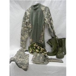 Size 11 Rain Boots, Camo Boonie Hat, Army Combat Shirt, and Digital Camo Utility Pouch