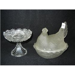 Frosted Glass Hen on a Nest, small flakes on rim, and Stemmed Candy Dish