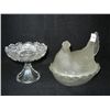Image 1 : Frosted Glass Hen on a Nest, small flakes on rim, and Stemmed Candy Dish