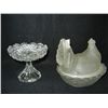 Image 2 : Frosted Glass Hen on a Nest, small flakes on rim, and Stemmed Candy Dish