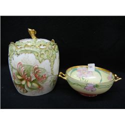 Double Handled Hand Painted Bowl, by JHS & Co., France and Hand Painted Covered Jar, by Leonard, Vie