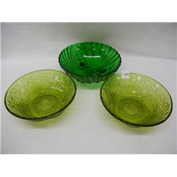 3 Green Glass Bowls