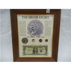 Framed Silver Story Coin Collection: 1935 $1 Silver Certificate, 1879 90% Silver Dollar, 1945 Nickel