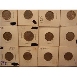 12 Buffalo Nickels, Mixed Dates
