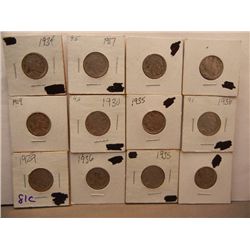 12 Buffalo Nickels, Mixed Dates