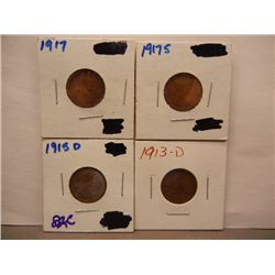 4 Lincoln Wheat Cents: 1915-D, 1913-D, 1917, and 1917-S