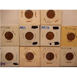 10 Lincoln Wheat Cents, Mixed Dates, 1930s